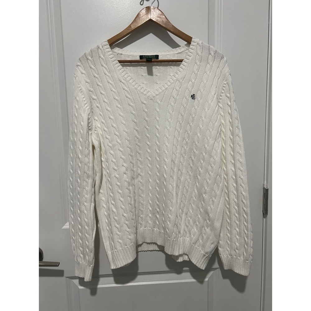 Lauren‎ Ralph Lauren Cable-Knit Cotton V-Neck Sweater White Size 1X Preppy